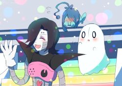  1boy 1girl 1other 2010s 2018 2d black_hair blush bokeh closed_eyes cousins covering_face digital_media_(artwork)	 embarrassed female fish floating ghost hair_over_one_eye hono_kurage humanoid_robot male mettaton mettaton_ex monster monster_girl napstablook robot shy shyren stairs undertale waving 