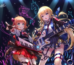  :p absurdres black_jacket black_vest blonde_hair blue_eyes clothes_around_waist collared_shirt electric_guitar fennec_(shironeko_project) fingerless_gloves gloves glowstick guitar guitar_strap hair_ribbon highres instrument jacket jacket_around_waist keytar long_hair miko_no_kamiko necktie open_mouth orange_hair pleated_skirt ribbon riltet_(shironeko_project) shironeko_project shirt skirt thigh_strap tongue tongue_out unicorn vest wolf 