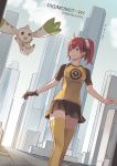  1girl :3 :d aiba_ami backpack bag black_gloves black_skirt blue_eyes city clothes_writing copyright_name dated digimon digimon_story:_cyber_sleuth flying gloves goggles goggles_on_head hair_ornament looking_at_another miniskirt open_mouth print_shirt raglan_sleeves redhead shirt side_ponytail single_glove skirt smile t-shirt target terriermon thigh-highs walking yellow_legwear yellow_shirt zettai_ryouiki zhandou_greymon 