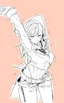  arms_up belt blush breasts closed_eyes cowboy_shot esu_(transc) large_breasts multiple_necklaces neo_(rwby) pants rwby sketch stretch tan_background trembling waist_cape 