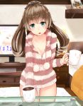  1girl alternate_costume aqua_eyes bed breasts brown_hair casual coffee coffee_mug collarbone cup framed_image glass_table hair_ornament holding holding_cup indoors kantai_collection kumano_(kantai_collection) long_hair looking_at_viewer loungewear mat medium_breasts narushima_kanna open_mouth panties pantyshot pantyshot_(standing) pom_pom_(clothes) ponytail solo standing striped_hoodie striped_jacket suzuya_(kantai_collection) table television_screen twitter_username underwear white_panties 