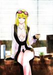  1girl arm_support asymmetrical_hair bangs black_gloves black_shorts blinds blonde_hair breasts cactus center_opening coffee coffee_cup cup desk digimon digimon_story:_cyber_sleuth eyewear_on_head gloves gouxiong holding holding_cup indoors jewelry kuremi_kyouko legs_crossed long_hair looking_at_viewer medium_breasts monitor necklace no_bra on_desk scarf seductive_smile shirt short_shorts shorts sitting sitting_on_desk smile solo sunglasses swept_bangs white_shirt 