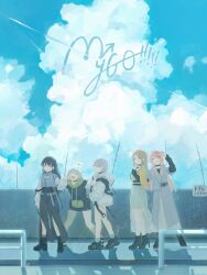  5girls absurdres anklet asymmetrical_legwear bang_dream! bang_dream!_it's_mygo!!!!! black_choker black_footwear black_hair black_hoodie black_necktie black_pants black_shirt blue_eyes blush breasts brh brown_eyes brown_hair candy cellphone chihaya_anon chinese_commentary choker closed_mouth clouds coat collarbone commentary_request contrail cumulonimbus_cloud day fang fishnets food grey_coat grey_eyes grey_hair grey_jacket group_name heterochromia highres holding holding_phone hood hood_down hooded_jacket hoodie jacket jewelry kaname_raana kneehighs layered_sleeves long_hair long_sleeves matcha_(food) medium_breasts mitsuketa_keshiki_tazusaete mole mole_under_eye multiple_girls musical_note mygo!!!!!_(bang_dream!) nagasaki_soyo necktie one_eye_closed open_mouth outdoors pants phone pink_hair railing see-through see-through_skirt selfie shadow shiina_taki shirt short_hair short_over_long_sleeves short_sleeves sidewalk skirt sky sleeves_past_wrists smartphone socks takamatsu_tomori thigh-highs thigh_strap violet_eyes white_hair white_jacket white_shirt white_skirt white_socks white_thighhighs yellow_eyes yellow_shirt 