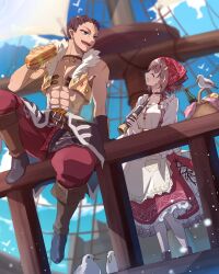  1boy 1girl abs alternate_costume apron arm_support atelier_(series) atelier_lulua basket belt bird blurry blurry_background boots bottle brown_belt brown_hair closed_eyes commentary_request day eva_armster food frilled_skirt frills hand_up head_scarf highres holding holding_food karasumi_(aiseec) knee_boots long_sleeves looking_at_another muscular muscular_male nicodemus_david_dieter on_boat open_mouth outdoors pants profile red_pants red_skirt sandwich seagull ship short_hair sitting skirt sky sleeveless sleeveless_jacket smile spyglass standing watercraft white_apron 
