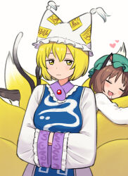  2girls :3 :d =_= absurdres animal_ear_fluff animal_ears blonde_hair blue_tabard blush breasts brown_hair cat_ears cat_tail chen double-parted_bangs dress drooling expressionless eyebrows_hidden_by_hair feet_up fox_tail green_hat half-closed_eyes hands_in_opposite_sleeves hat heart highres light_blush lying medium_breasts meis_(terameisu) mob_cap multiple_girls multiple_tails nekomata on_stomach short_hair simple_background sleeping smile tabard tail tail_pillow touhou two_tails white_background white_dress white_hat wide_sleeves yakumo_ran yellow_eyes 