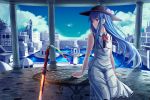  1girl adapted_costume bare_shoulders blue_hair bow commentary_request dress food fruit hat highres hinanawi_tenshi long_hair peach red_bow red_eyes red_neckwear sitting sleeveless sleeveless_dress solo sword sword_of_hisou table torottye touhou weapon white_dress 
