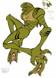  1boy 2000s_(style) alternate_color black_sclera broad_shoulders character_name claws closed_mouth colored_sclera colored_skin concept_art cool_cool_toon gil_(cool_cool_toon) gills green_skin gyoubu_ippei highres long_arms long_legs male_focus no_humans official_alternate_color official_art open_hands simple_background sketch snk solo tall_male toon_(style) translation_request webbed_feet webbed_hands white_background yellow_eyes 
