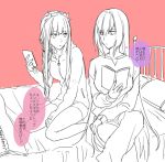  2girls alternate_hairstyle bed_frame blanket book braid fate/grand_order fate_(series) holding holding_book holding_phone legs_crossed limited_palette long_hair long_sleeves looking_at_another medb_(fate/grand_order) multiple_girls on_bed phone pillow red_background scathach_(fate/grand_order) single_braid sitting sitting_on_bed takamura_yue thought_bubble tiara translation_request 