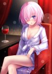  1girl :o alcohol alternate_costume arm_rest bare_legs bathrobe blurry blush bokeh breasts chair cleavage collarbone cup curtains depth_of_field drink drinking_glass eyebrows_visible_through_hair fate/grand_order fate_(series) hair_over_one_eye highres light_particles long_sleeves looking_at_viewer mash_kyrielight medium_breasts open_mouth pink_hair shielder_(fate/grand_order) short_hair sitting solo thighs toshi_(1-147) violet_eyes wine wine_glass 