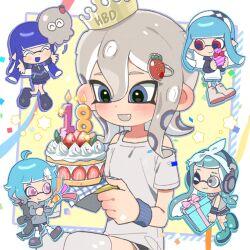  1boy 4girls :3 ^_^ bandana birthday birthday_cake black_jacket blue_eyes blue_hair blue_wristband blush braid brown_tongue cake candle chibi closed_eyes closed_mouth commentary_request commission crown fang film_grain food food_print gift grey_eyes grey_hoodie hair_between_eyes hair_ornament hairband hairclip headphones hg_swdiary highres holding holding_cake holding_food holding_gift holding_party_popper hood hood_down hoodie inkling inkling_boy inkling_girl inkling_player_character jacket korean_commentary light_brown_hair long_hair medium_hair multiple_girls octoling octoling_girl octoling_player_character one_eye_closed open_mouth party_popper purple_hair red_eyes shirt short_hair short_sleeves single_braid smile splatoon_(series) strawberry_cake strawberry_print suction_cups sweatband tentacle_hair white_bandana white_hairband white_shirt wristband 