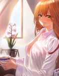  1girl absurdres blush breasts brown_hair cup curtains flower fpanda from_side girls_frontline green_eyes highres indoors jewelry large_breasts long_hair long_sleeves m1903_springfield_(girls_frontline) no_bra open_clothes open_shirt parted_lips ring shirt smile solo sunlight teacup wedding_band 