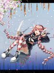  1girl absurdly_long_hair akizuno blush drill_hair holding holding_sword holding_weapon long_hair looking_at_viewer lying on_back open_mouth pink_hair red_legwear smile solo striped striped_legwear sword thigh-highs touran-sai translation_request twin_drills very_long_hair violet_eyes weapon white_legwear 