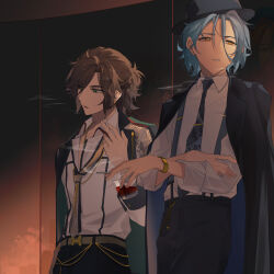  2boys absurdres alcohol belt belt_chain bishounen black_coat black_pants blue_hair brown_hair cigarette coat coat_on_shoulders cowboy_shot cup earrings ensemble_stars! formal glass grey_hat hair_between_eyes half_up_half_down_braid hand_on_own_arm hand_up hat highres himeru_(ensemble_stars!) holding holding_cigarette holding_cup indoors jewelry light_particles long_necktie looking_to_the_side male_focus mikejima_madara mtvu4472 multiple_boys necktie pants parted_lips pinching porkpie_hat red_wine shirt side-by-side sleeves_past_elbows smoke smoke_trail standing stud_earrings suspenders white_shirt wine yellow_eyes yellow_necktie 