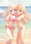  2girls ahoge amakusa_tobari asymmetrical_docking beach bikini blonde_hair blue_eyes blue_sky blush breast_press breasts clouds commentary_request contrapposto crossover day eyebrows_visible_through_hair fate/kaleid_liner_prisma_illya fate_(series) frilled_bikini frills front-tie_top hand_on_another&#039;s_hip horizon illyasviel_von_einzbern kanpani_girls long_hair looking_at_viewer monique_waroquier multiple_girls navel ocean open_mouth outdoors pink_bikini red_eyes side-tie_bikini sky small_breasts swimsuit twitter_username v water white_bikini 