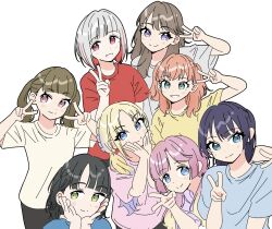  anyoji_hime aqua_eyes arm_up black_hair black_pants blonde_hair blue_eyes blue_hair blue_shirt blunt_bangs bob_cut brown_hair center-flap_bangs closed_mouth colored_inner_hair crossed_bangs dark_blue_hair diagonal_bangs double_v fujishima_megumi gradient_hair green_eyes grey_hair grey_shirt grin half_up_braid hands_on_own_cheeks hands_on_own_face hayama_fuka highres hinoshita_kaho inverted_bob kachimachi_kosuzu kan_kanna kurusu_rin link!_like!_love_live! llkapital long_hair looking_at_viewer love_live! low_ponytail low_twintails medium_hair momose_ginko multicolored_hair murano_sayaka nirei_nozomi nonaka_kokona orange_hair osawa_rurino pants photo-referenced pink_eyes pink_hair pink_shirt ponytail purple_hair purple_shirt red_eyes red_shirt redhead sakurai_hina sasaki_kotoko shirt short_hair short_sleeves simple_background smile split_mouth streaked_hair swept_bangs t-shirt tsukine_kona twintails two_side_up v violet_eyes virtual_youtuber voice_actor_connection white_background white_shirt yellow_shirt yugiri_tsuzuri 