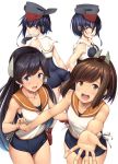  4girls ass bare_arms bare_shoulders blush brown_eyes brown_hair collarbone cowboy_shot highres i-13_(kantai_collection) i-14_(kantai_collection) i-400_(kantai_collection) ichikawa_feesu kantai_collection multiple_girls outstretched_arm palms reaching_out short_hair simple_background standing white_background 