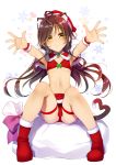  1girl animal_ears boots bra brown_hair cat_ears cat_tail full_body heart heart_background knees_up long_hair looking_at_viewer navel original outstretched_arms panties red_bra red_footwear red_panties sack sitting smile snowflake_background solo tail underwear white_background yanagi_yuu yellow_eyes 