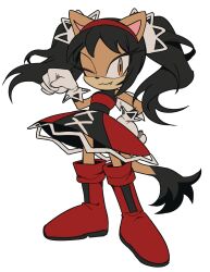  :3 black_dress black_hair brown_fur cat_girl dress fang gloves headband highres honey_the_cat multicolored_clothes multicolored_dress one_eye_closed red_dress red_footwear red_headband sonic_(series) twintails unneul white_background white_gloves yellow_eyes 