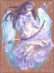  1girl angel_wings ankle_strap ankle_wings apron blindfold blue_wings bow_(weapon) brown_background brown_hair chain_paradox clona closed_mouth dress falling_petals feathered_wings flower flower_over_eyes frilled_dress frills full_body harp high_heels holding holding_bow_(weapon) holding_weapon instrument invisible_chair long_dress long_hair long_sleeves neck_ribbon petals peter_pan_collar purple_dress purple_flower purple_footwear purple_ribbon purple_rose ribbon rose sitting smile solo waist_apron weapon white_apron wings 