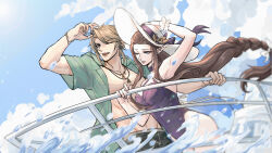  1boy 1girl black_choker black_male_swimwear blonde_hair bracelet braid breasts brown_hair choker clouds cloudy_sky collared_shirt green_shirt hat highres holding holding_hat holding_unworn_clothes jewelry kurokawa_karasu link male_swimwear medium_breasts on_boat one-piece_swimsuit one_eye_closed open_clothes open_mouth open_shirt parted_bangs parted_lips pointy_ears princess_zelda purple_one-piece_swimsuit shirt short_sleeves sidelocks single_braid sky smile sun_hat swept_bangs swimsuit the_legend_of_zelda the_legend_of_zelda:_twilight_princess upper_body 