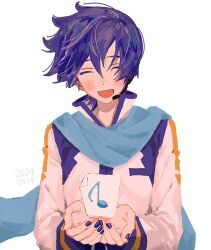  1boy absurdres blue_hair blue_nails blue_scarf blush closed_eyes coat collared_coat cupping_hands dated hair_between_eyes highres kaito_(vocaloid) kiii_4590 long_scarf male_focus multicolored_clothes musical_note nail_polish open_mouth own_hands_together scarf simple_background sleeve_cuffs solo striped_sleeve_cuffs vocaloid white_background white_coat 