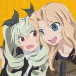  2girls :d anchovy anzio_school_uniform arm_around_shoulders artist_name black_ribbon blonde_hair blue_eyes bomber_jacket brown_eyes chimaki_(u9works) d: drill_hair eyebrows_visible_through_hair girls_und_panzer green_hair jacket kay_(girls_und_panzer) long_hair multiple_girls open_mouth polka_dot polka_dot_background ribbon saunders_school_uniform smile twintails twitter_username upper_body yellow_background 