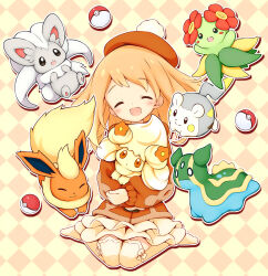  1girl :d ^_^ aikei_ake alcremie argyle_background bellossom blue_eyes blush brown_eyes cardigan closed_eyes closed_mouth commentary_request dress flareon flower full_body gastrodon gastrodon_(east) gloria_(pokemon) hat highres hug light_brown_hair long_hair long_sleeves minccino no_shoes orange_cardigan orange_hat outline poke_ball poke_ball_(basic) pokemon pokemon_(creature) pokemon_swsh puffy_long_sleeves puffy_sleeves red_flower sitting sleeves_past_wrists smile tam_o&#039;_shanter thigh-highs togedemaru wariza white_dress white_outline white_thighhighs 