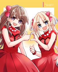  2girls :d absurdres blonde_hair blue_eyes blue_hair border bow breasts brown_hair collarbone cowboy_shot do!_do!_do!_(love_live!) dress fang fujishima_megumi gradient_background gradient_hair hair_bow heart_hands_failure highres kanduki_kamibukuro light_blue_hair link!_like!_love_live! long_hair looking_at_viewer love_live! medium_breasts mira-cra_park! multicolored_hair multiple_girls open_mouth osawa_rurino outside_border parted_bangs radial_gradient_background red_bow red_dress skin_fang sleeveless sleeveless_dress smile twintails two_side_up v-shaped_eyebrows violet_eyes virtual_youtuber white_background yellow_border 