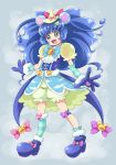  1girl :d animal_ears bear_ears bloomers blue_background blue_bow blue_eyes blue_footwear blue_hair blue_legwear blush bow brooch chocokin cure_gelato cure_mofurun full_body fusion hat hat_bow jewelry kirakira_precure_a_la_mode kneehighs long_hair magical_girl mahou_girls_precure! mini_hat mini_witch_hat open_mouth pink_bow precure puffy_sleeves see-through shoes simple_background single_kneehigh smile solo sparkle standing striped striped_legwear underwear witch_hat yellow_hat 