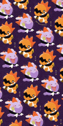  animal_focus black_eyes blush closed_mouth cross-shaped_pupils goomy high_collar highres jack-o&#039;-lantern no_humans open_mouth pokemon pokemon_(creature) purple_background satsumapotato solid_circle_eyes symbol-shaped_pupils trapinch twitter_username v-shaped_eyes 