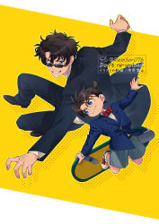  2boys arm_up blazer blue_eyes blue_jacket blue_pants border bow bowtie brown_hair child commentary_request dated_commentary edogawa_conan floating_clothes floating_hair glasses grey_shorts grin highres holding holding_skateboard jacket looking_ahead looking_at_another looking_down male_focus matsuda_jinpei meitantei_conan multiple_boys pants red_bow red_bowtie red_footwear remsor076 shoes short_hair shorts signature skateboard smile sneakers twitter_username white_border 