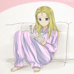  1girl assam blonde_hair chimaki_(u9works) girls_und_panzer long_hair pajamas reading sketch solo striped vertical_stripes violet_eyes 