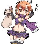  1girl animal_ears arm_behind_head armpits breasts cleavage earmuffs garter_straps hairband holding_bag key mehlis_(sennen_sensou_aigis) midriff miniskirt mouth_hold navel nemui_(nemui) orange_eyes orange_hair scarf sennen_sensou_aigis simple_background skirt solo white_background 