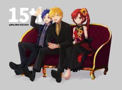  1girl 2boys aladdin_(magi) alibaba_saluja anniversary b9sjwtejfq72019 barefoot black_footwear black_jacket black_pants black_suit blonde_hair blue_eyes blue_hair braid collared_shirt couch dress earrings elbow_gloves flower formal full_body gloves grey_background hair_flower hair_ornament hand_up horn-shaped_hair jacket jewelry long_hair long_sleeves looking_at_viewer magi_the_labyrinth_of_magic morgiana multiple_boys necklace necktie on_couch one_side_up open_mouth pants red_eyes redhead shirt shoes short_hair simple_background single_braid sitting sleeveless sleeveless_dress smile suit yellow_eyes 