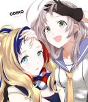  2girls :d black_gloves blonde_hair blue_eyes blue_hair blue_sailor_collar commandant_teste_(kantai_collection) gloves green_eyes kantai_collection kinugasa_(kantai_collection) long_hair morinaga_miki multicolored_hair multiple_girls necktie open_mouth pink_hair plaid plaid_scarf redhead sailor_collar scarf school_uniform serafuku smile streaked_hair white_background white_hair yellow_neckwear 