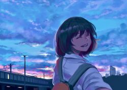  1girl absurdres backpack bag black_hair blue_sky bridge building clouds cloudy_sky evening highres lamppost meanstreet medium_hair original overhead_line scenery sky sky_focus skyscraper sunlight twilight utility_pole 