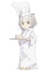  1girl absurdres blonde_hair brown_eyes buttons cake chef_hat chef_uniform eating food food_on_face grey_hair hat highres holding holding_plate kemono_friends multicolored_hair northern_white-faced_owl_(kemono_friends) omucchan_(omutyuan) oversized_clothes plate sketch white_hair 