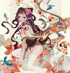  1girl abstract bangs bird brown_hair commentary_request eyelashes floral_print from_side long_hair looking_at_viewer original pink_eyes red_ribbon ribbon say_hana solo thigh-highs white_legwear 