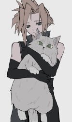  1boy absurdres animal animalization black_gloves blonde_hair cat cloud_strife elbow_gloves final_fantasy final_fantasy_vii final_fantasy_vii_advent_children gloves green_eyes high_collar highres holding holding_animal holding_cat kawa_2929_ff male_focus open_collar sephiroth short_hair smile spiky_hair standing waist_cape white_cat white_fur 