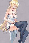  1girl bare_shoulders black_legwear blonde_hair blue_eyes blush breasts cleavage collarbone dress erect_nipples eyebrows_visible_through_hair fate/apocrypha fate_(series) halterneck highres jeanne_d&#039;arc_(fate) jeanne_d&#039;arc_(fate)_(all) large_breasts long_hair looking_at_viewer no_shoes revision simple_background smile solo thigh-highs thighhighs_pull utu_(ldnsft) zettai_ryouiki 