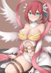  1girl aiba_ami angewomon angewomon_(cosplay) arm_support asymmetrical_clothes bare_shoulders belt blue_eyes blush breastplate breasts center_opening cleavage cosplay dada_(qq871qw871) digimon digimon_story:_cyber_sleuth elbow_gloves gloves goggles goggles_on_head hair_between_eyes hair_ornament head_wings large_breasts leotard long_hair looking_at_viewer mask multiple_wings navel nose_blush redhead revealing_clothes sash side_ponytail single_glove single_pantsleg smile solo strapless strapless_leotard thigh_strap white_gloves white_leotard white_wings wings 