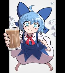  1girl ahoge barefoot blue_bow blue_dress blue_eyes blue_hair bow bowtie chocolate_milk cirno cirno_day closed_mouth collared_shirt commentary cup dress drinking_glass english_commentary fingernails full_body hair_between_eyes hair_bow here_some_choccy_milk_(meme) highres holding holding_cup ice ice_wings incoming_drink looking_at_viewer luant medium_bangs meme outside_border pillarboxed pinafore_dress red_bow red_bowtie shirt short_hair short_sleeves signature simple_background sleeveless sleeveless_dress smile solo toenails touhou white_shirt wings 