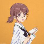  1girl artist_name black_glasses brown_eyes brown_hair character_request chimaki_(u9works) girls_und_panzer glasses notepad ooarai_school_uniform ou_taiga pen semi-rimless_eyewear short_ponytail solo twitter_username under-rim_eyewear yellow_background 