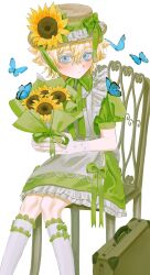 1boy absurdres aegyo_sal alternate_costume basil_(faraway)_(omori) basil_(omori) blonde_hair blue_butterfly blue_eyes blush bouquet bow bug butterfly chair closed_mouth crossdressing dress flower girly_boy gloves green_bow green_dress green_ribbon hat hat_bow hat_ribbon highres holding holding_bouquet kneehighs lifejam_403 looking_at_viewer male_focus omori puffy_short_sleeves puffy_sleeves ribbon short_hair short_sleeves simple_background sitting socks solo sunflower teenage trap white_background white_gloves white_socks young