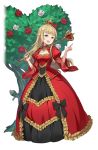  1girl :d alice_in_wonderland bangs black_bow blonde_hair blue_eyes blunt_bangs bow cosplay crown dress flower frilled_dress frills full_body heart highres long_hair looking_at_viewer official_art open_mouth pointing princess_(princess_principal) princess_principal princess_principal_game_of_mission queen_of_hearts queen_of_hearts_(cosplay) red_dress rose scepter smile solo standing transparent_background tree white_rose wide_sleeves 