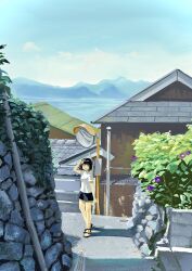  1girl absurdres black_shorts blue_sky building clouds cobblestone flower highres house lake meanstreet original path plant potted_plant purple_flower road sandals scenery shadow shirt short_hair short_sleeves shorts sky street summer traffic_mirror white_shirt 