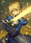  1girl armor armored_dress artoria_pendragon_(all) blonde_hair blue_dress blue_ribbon braid breastplate bubble closed_mouth cowboy_shot dress excalibur eyebrows_visible_through_hair fate/stay_night fate_(series) faulds gauntlets gorget green_eyes hair_between_eyes hair_bun hair_ribbon holding holding_sword holding_weapon juliet_sleeves long_sleeves looking_at_viewer poligon_(046) puffy_sleeves ribbon saber solo sword twitter_username two-handed weapon 