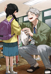  1boy 1girl :d ahoge backpack bag baksa_030 black_footwear black_hair blue_necktie blue_skirt character_request classroom closed_eyes collared_shirt full_body green_jacket grey_hair grey_pants haikyuu!! highres indoors jacket long_sleeves medium_hair necktie open_mouth pants people purple_bag school_bag school_uniform shirt shoes short_hair short_twintails skirt smile socks sugawara_koushi teeth twintails white_footwear white_shirt white_socks yellow_jacket 