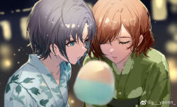  2girls asakura_toru blue_eyes blue_kimono blurry blurry_background brown_hair chinese_commentary closed_eyes commentary_request food green_kimono highres higuchi_madoka holding holding_food idolmaster idolmaster_shiny_colors japanese_clothes kimono light_particles mole mole_under_eye multiple_girls obi open_mouth purple_hair sash short_hair weibo_watermark yannn 