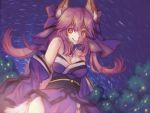  1girl animal_ears bare_shoulders breasts cleavage detached_sleeves fate/extra fate/grand_order fate_(series) fox_ears fox_tail hair_ribbon highres large_breasts light_smile looking_at_viewer nature night night_sky pink_hair ribbon sky solo tail tamamo_(fate)_(all) tamamo_no_mae_(fate) tree yellow_eyes 